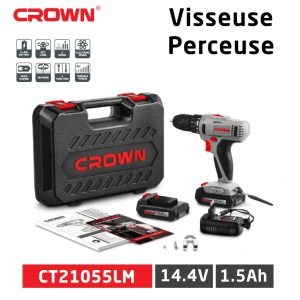 مفك البراغي و مثقاب كهربائي لاسلكي 2 في1 بسرعتين مع 2 بطاريات ليثيوم CROWN Perceuse Visseuse 14.4V Technologie Avec 2 Batteries CT21055L-1.5S